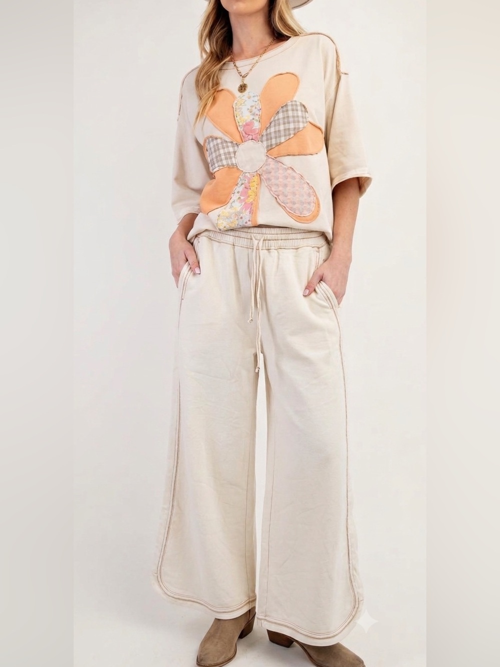New easel M Cream Wide-Leg high waisted Drawstring cropped ankle Pants